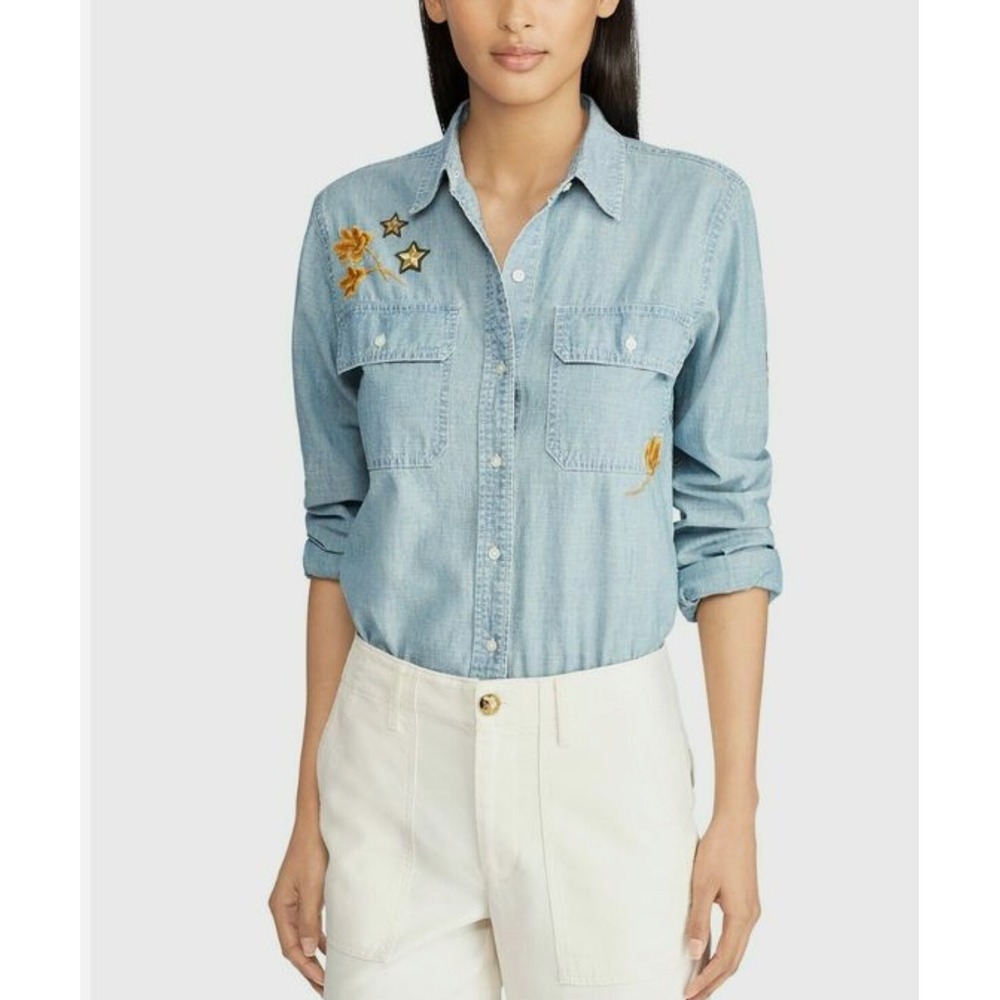 Lauren Ralph Lauren Denim Button-Up Fall Theme Patch Chambray XS Light Wash